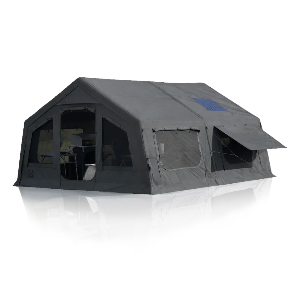 Large gray camping tent with mesh windows and awning for outdoor adventures