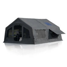 Large gray camping tent with mesh windows and awning for outdoor adventures