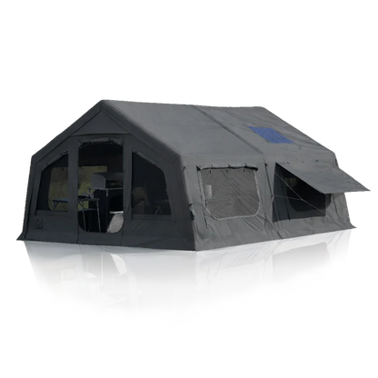 Large gray camping tent with mesh windows and awning for outdoor adventures