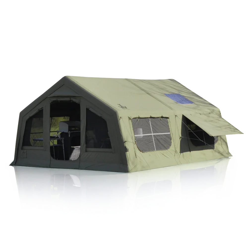 An olive green pop-up car camping tent with dark gray mesh windows and doors, shown on a white background with a soft reflection.