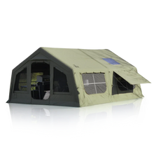 An olive green pop-up car camping tent with dark gray mesh windows and doors, shown on a white background with a soft reflection.