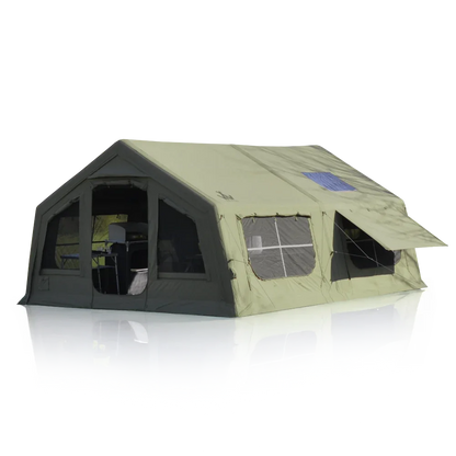 An olive green pop-up car camping tent with dark gray mesh windows and doors, shown on a white background with a soft reflection.
