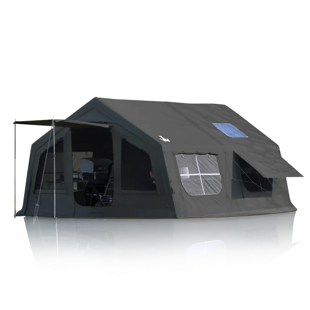 Large black camping tent with awning, windows, and interior furniture for outdoor adventures