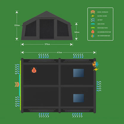 Caravan awning dimensions and features diagram with ventilation, electric access, and stove port