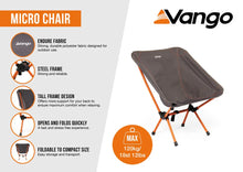 Vango Micro Chair: portable camping chair with steel frame, durable fabric, folds compact, 120kg capacity