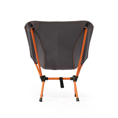 Portable camping chair with orange frame and gray fabric, ideal for outdoor adventures.