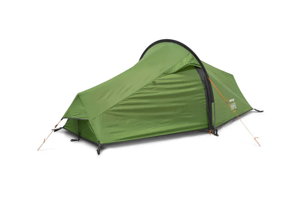 Green camping tent with orange guy lines, ideal for outdoor adventures and backpacking trips.