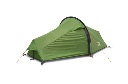 Green camping tent with orange guy lines, ideal for outdoor adventures and backpacking trips.