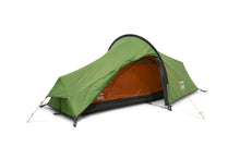 Green camping tent with orange interior, ideal for outdoor adventures and camping trips.