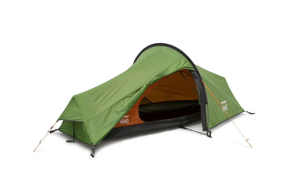 Green camping tent with orange interior, ideal for outdoor adventures and camping trips.