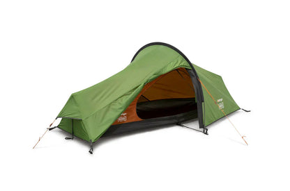 Green camping tent with orange interior, ideal for outdoor adventures and camping trips.