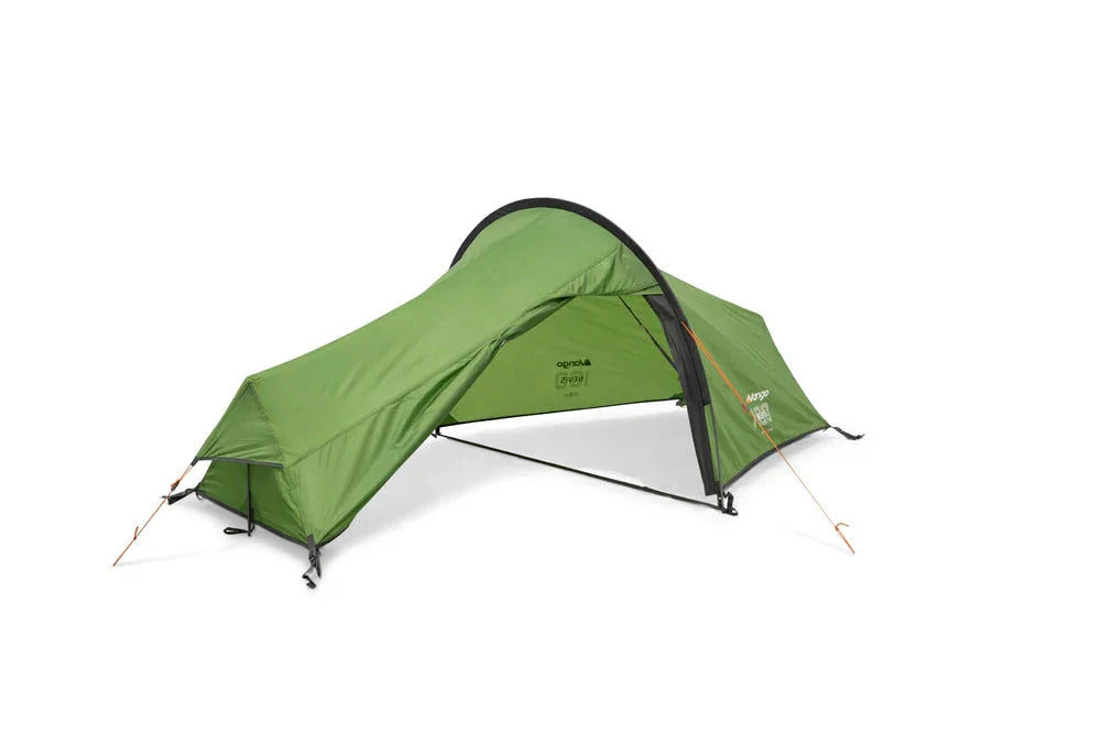 Green camping tent with awning for outdoor adventures and caravanning