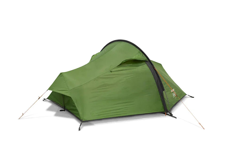 Green camping tent with black trim and orange guy lines for outdoor adventures