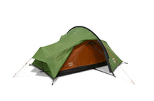 Green and orange camping tent with open entrance, ideal for outdoor adventures and camping trips