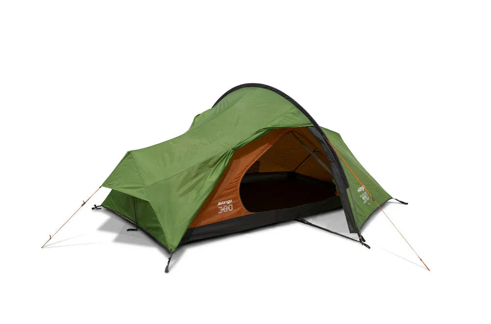 Green and orange camping tent with open entrance, ideal for outdoor adventures and camping trips