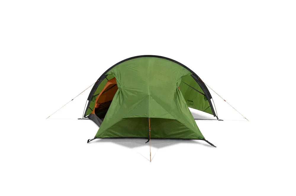 Green camping tent with orange interior, ideal for outdoor adventures and camping trips.