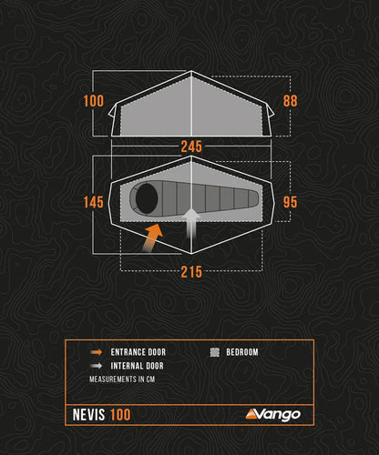 Vango Nevis 100 tent dimensions diagram with entrance, internal doors, and bedroom layout