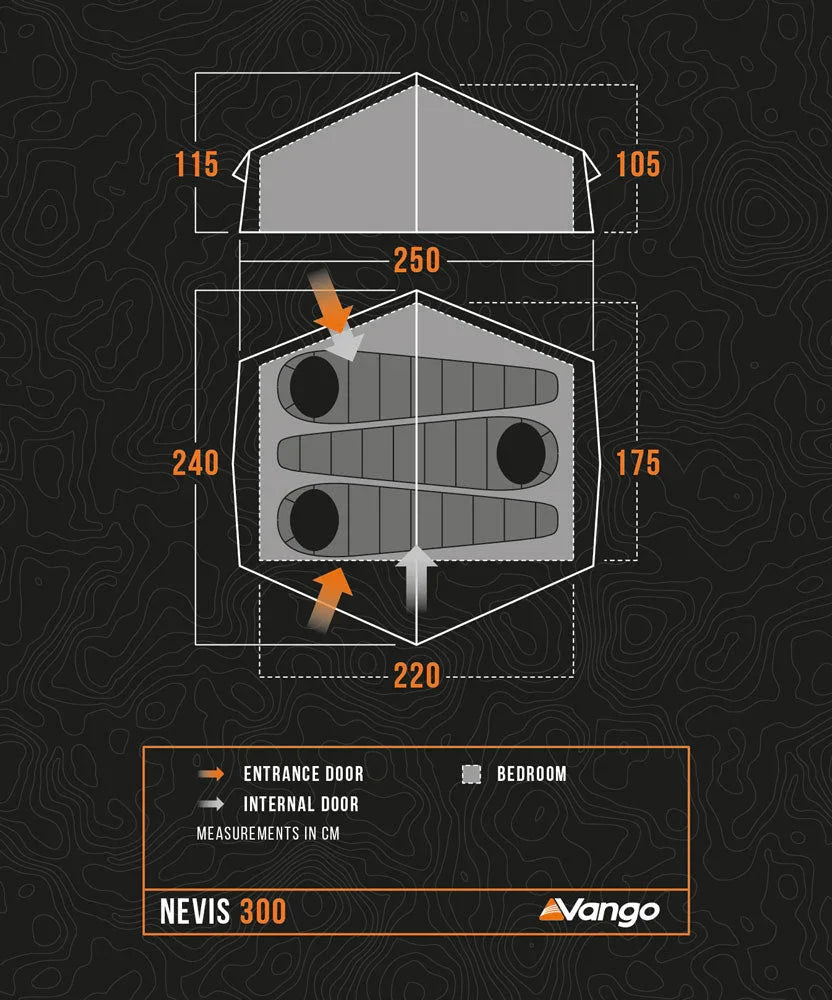 Vango Nevis 300 tent floor plan with dimensions, entrance, internal doors, and bedroom layout