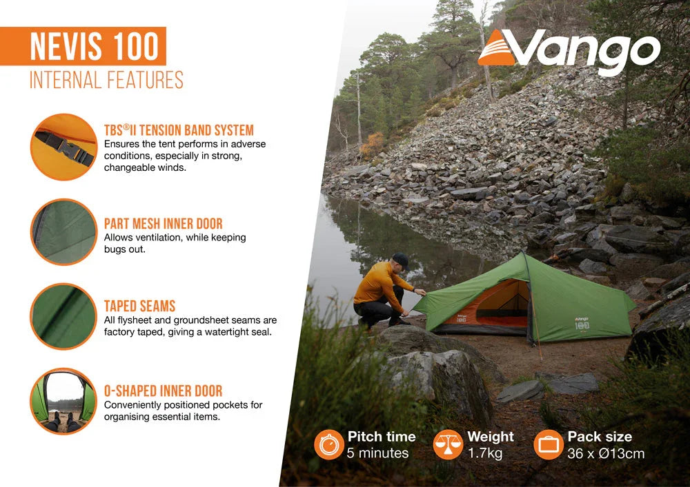 Vango Nevis 100 camping tent setup by lake, featuring TBS tension system, mesh door, taped seams, and O-shaped inner door for outdoor adventures.