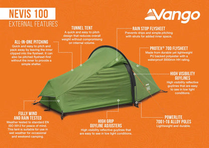 Vango Nevis 100 tunnel tent with rain stop flysheet, Protex 70D fabric, and high-visibility guylines for camping adventures