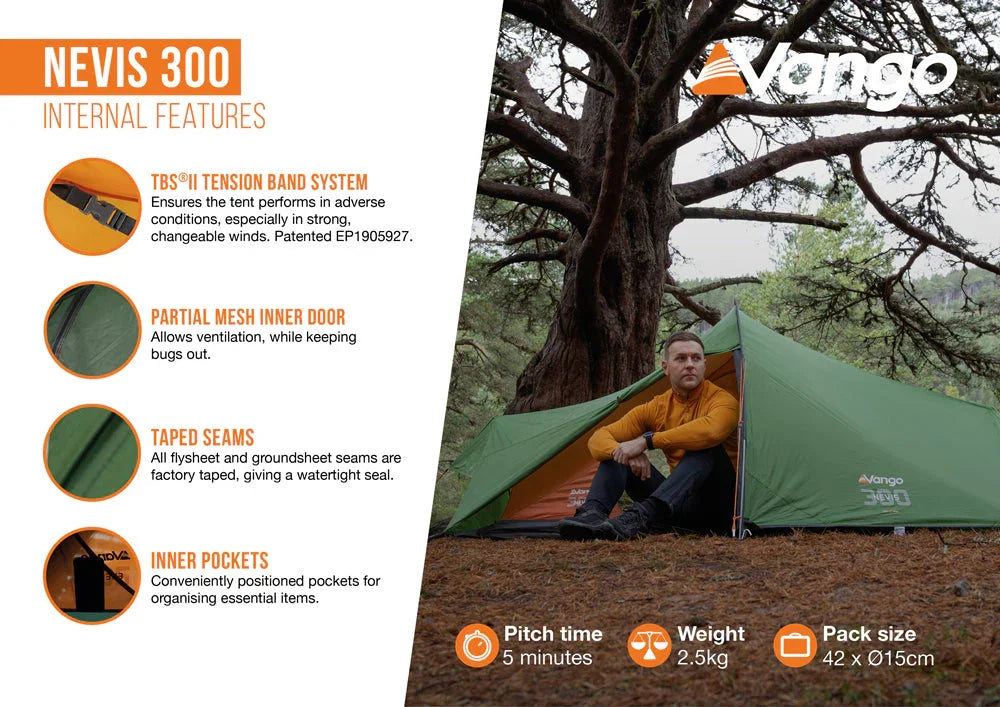 Man sitting in Vango Nevis 300 tent under tree, showcasing camping gear for outdoor adventures.