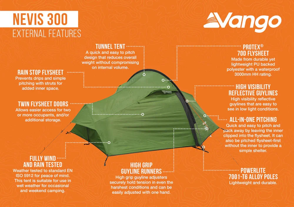 Vango Nevis 300 tent with features like rain stop flysheet, twin doors, and high grip guyline runners