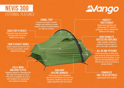 Vango Nevis 300 tent with features like rain stop flysheet, twin doors, and high grip guyline runners