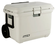 Beige cooler box with wheels on a white background