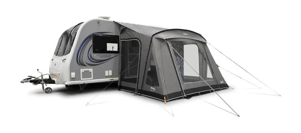 Grey caravan awning attached to a caravan, ideal for camping and outdoor adventures