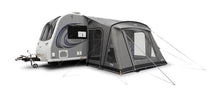 Grey caravan awning attached to a caravan, ideal for camping and outdoor adventures
