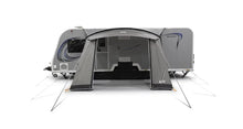 Grey caravan awning attached to a Bologna caravan, ideal for camping and outdoor adventures.