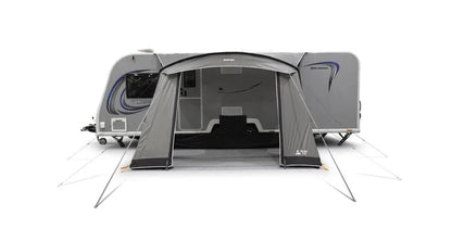 Grey caravan awning attached to a Bologna caravan, ideal for camping and outdoor adventures.