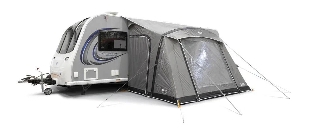 Grey caravan awning attached to a Pegasus caravan, ideal for camping and outdoor adventures.