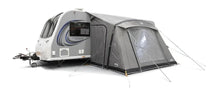 Grey caravan awning attached to a Pegasus caravan, ideal for camping and outdoor adventures.