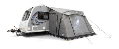 Grey caravan awning attached to a Pegasus caravan, ideal for camping and outdoor adventures.
