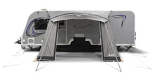 Grey caravan awning attached to Bologna caravan, ideal for camping and outdoor adventures