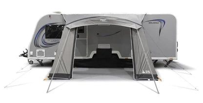 Grey caravan awning attached to Bologna caravan, ideal for camping and outdoor adventures