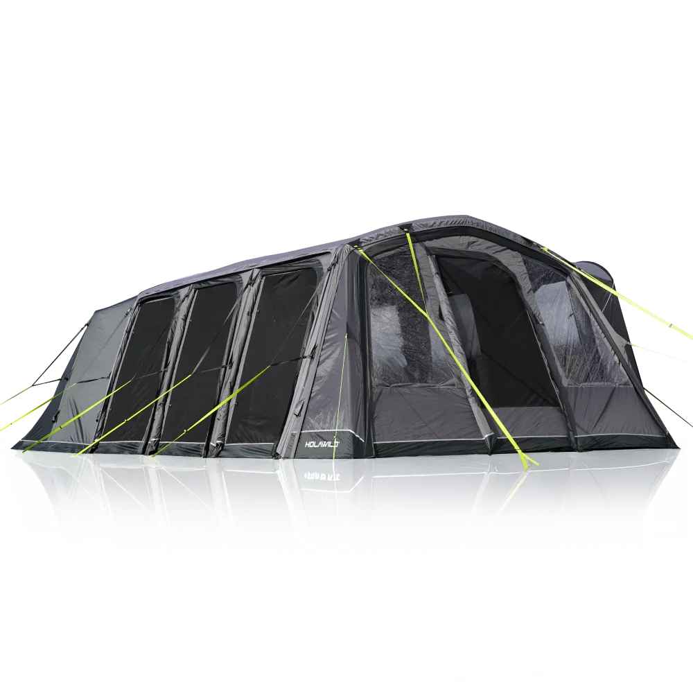 Black Holawild caravan awning with lime green guy lines, ideal for camping and outdoor adventures