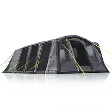 Black Holawild caravan awning with lime green guy lines, ideal for camping and outdoor adventures