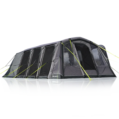 Black Holawild caravan awning with lime green guy lines, ideal for camping and outdoor adventures