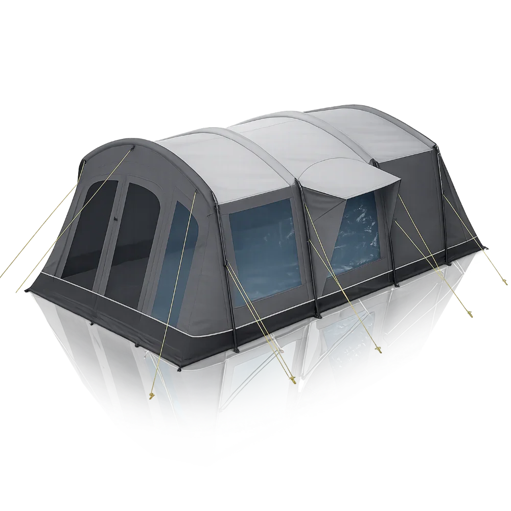 Large gray caravan awning with windows and guy lines for outdoor camping adventures
