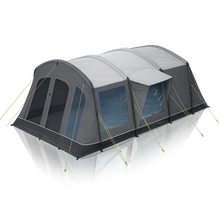 Large gray caravan awning with windows and guy lines for outdoor camping adventures