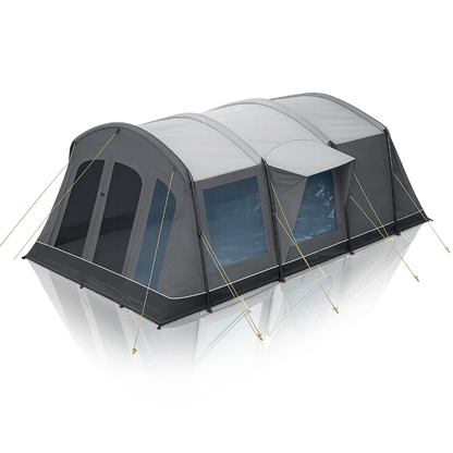 Large gray caravan awning with windows and guy lines for outdoor camping adventures