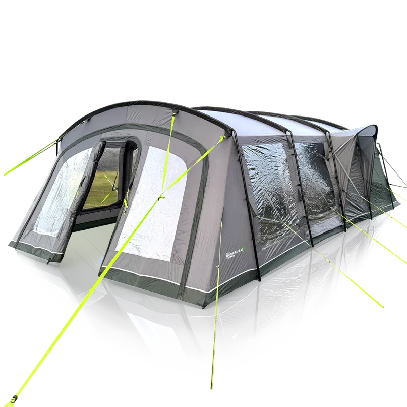 Large family camping tent with awning, mesh windows, and bright green guy lines for outdoor adventures.