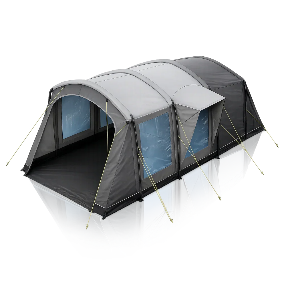 Large gray and black caravan awning with windows and side canopy for outdoor camping adventures