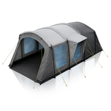 Large gray and black caravan awning with windows and side canopy for outdoor camping adventures