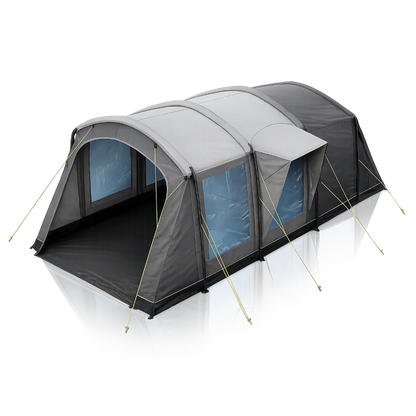 Large gray and black caravan awning with windows and side canopy for outdoor camping adventures