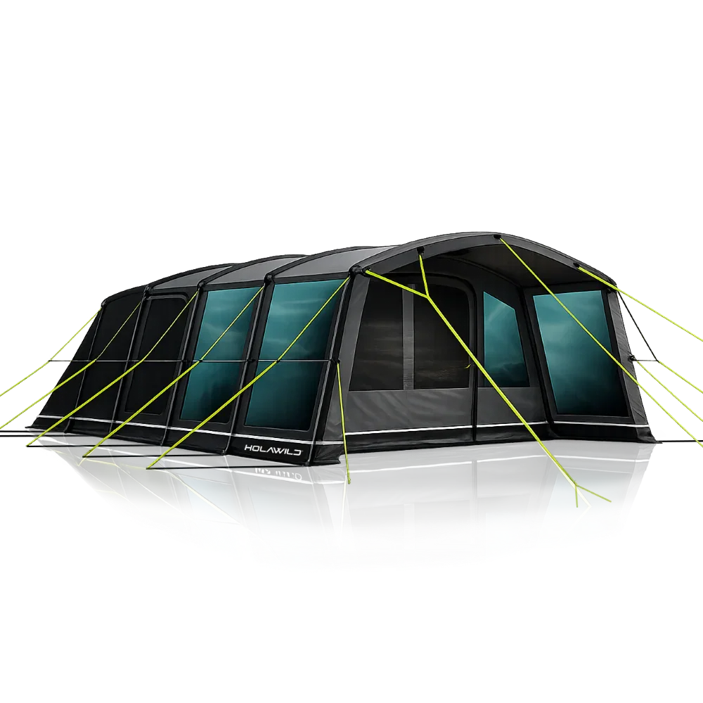 Holawild caravan awning with large windows and lime green guy lines for camping adventures