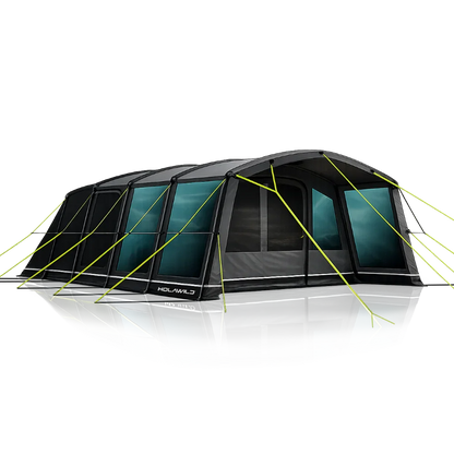 Holawild caravan awning with large windows and lime green guy lines for camping adventures