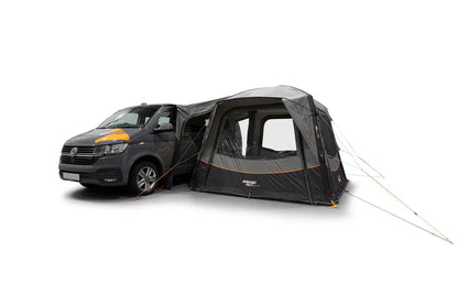 Black and gray motorhome awning attached to van, featuring orange accents and mesh windows for camping adventures.